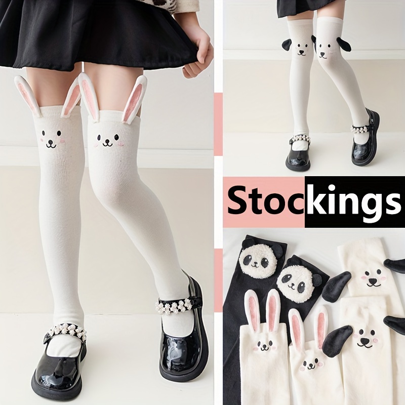 

1 Pair Girl's Creative Animal Solid Striped Knee High Socks, Cotton Blend Breathable Comfy Long Stockings, Children's Trendy Socks Daily Wear