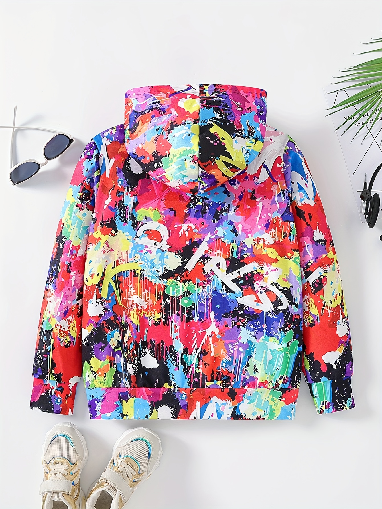 Street Style Colorful Graffiti Graphic Print Boys Zip Up Hoodie Sweatshirt Casual Long Sleeve Hoodies With Pockets Gym Sports Hooded Jacket