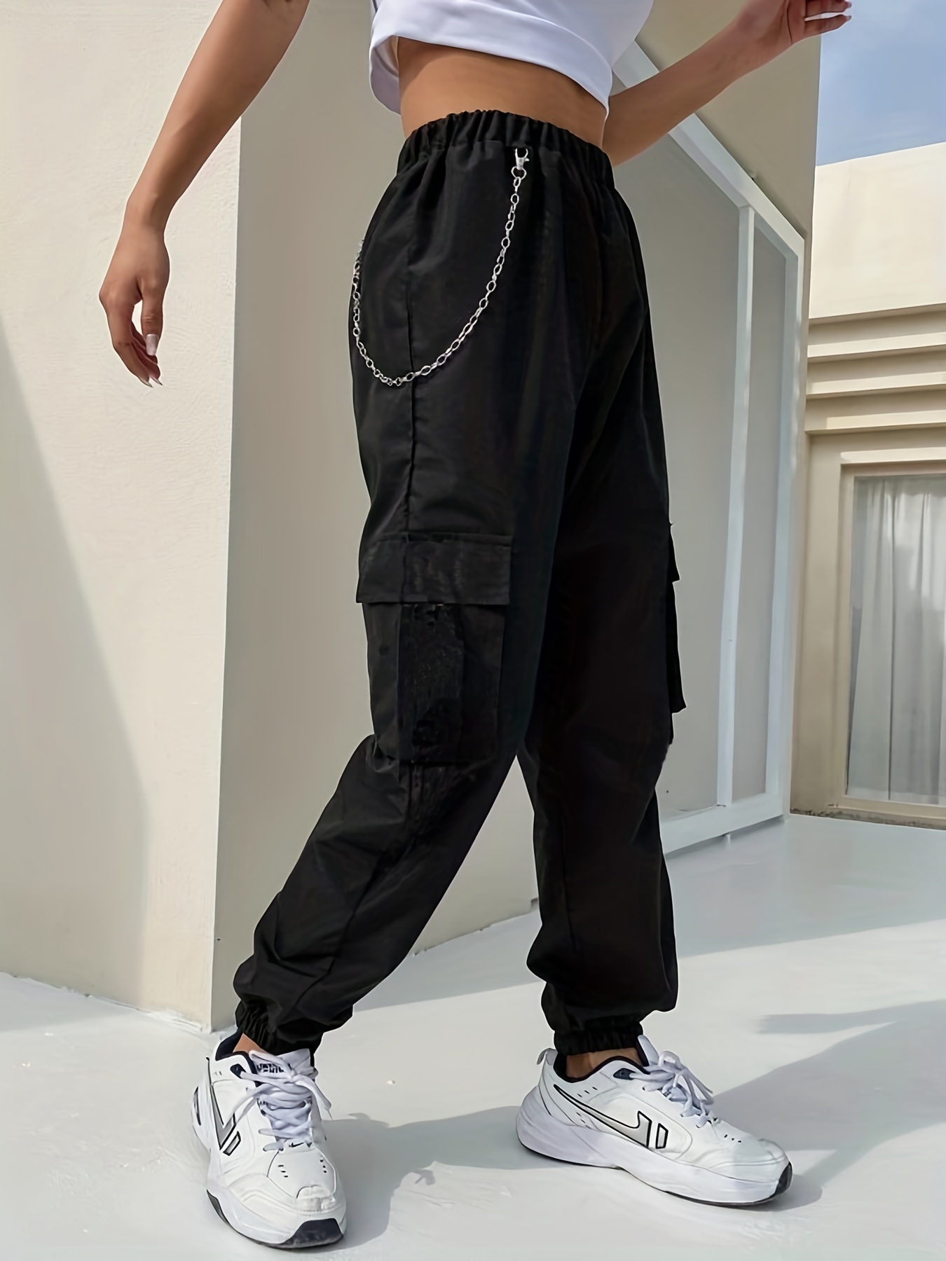 Contrast Stitches Side Patch Pocket Black Cargo Pants Solid - Temu Canada