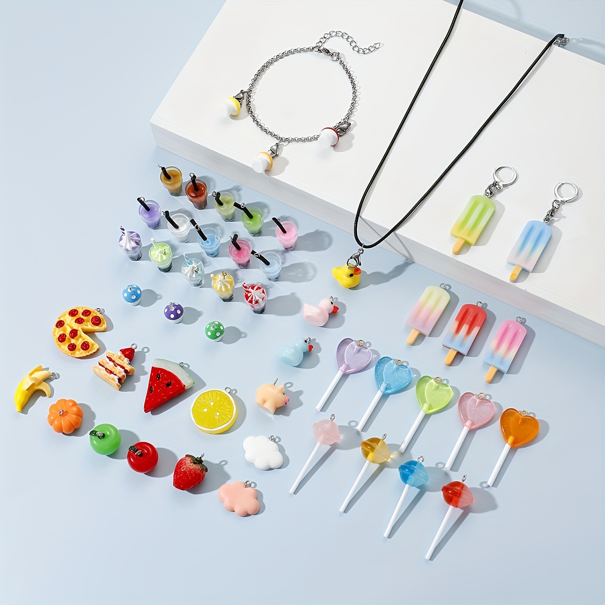 HSWE 263 PCS Charm Bracelet Making Kit,Colorful Gummy Candy Bear Milk Tea  Lollipop Flower Pendant Charms Cute Funny Mushroom Earring Necklace DIY