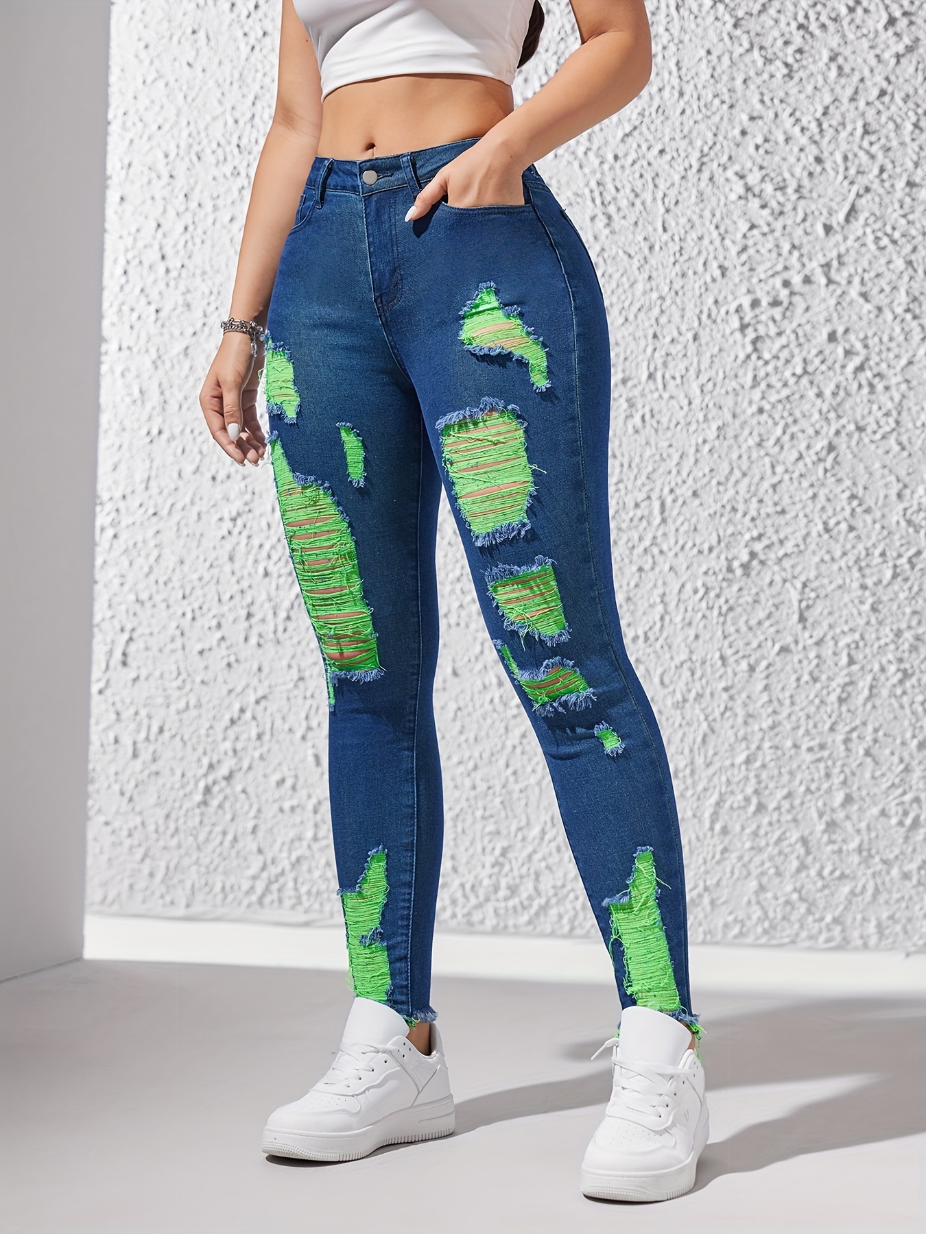 Skksst Womens Stretch Ripped Denim Jeans Printed Tight Pants