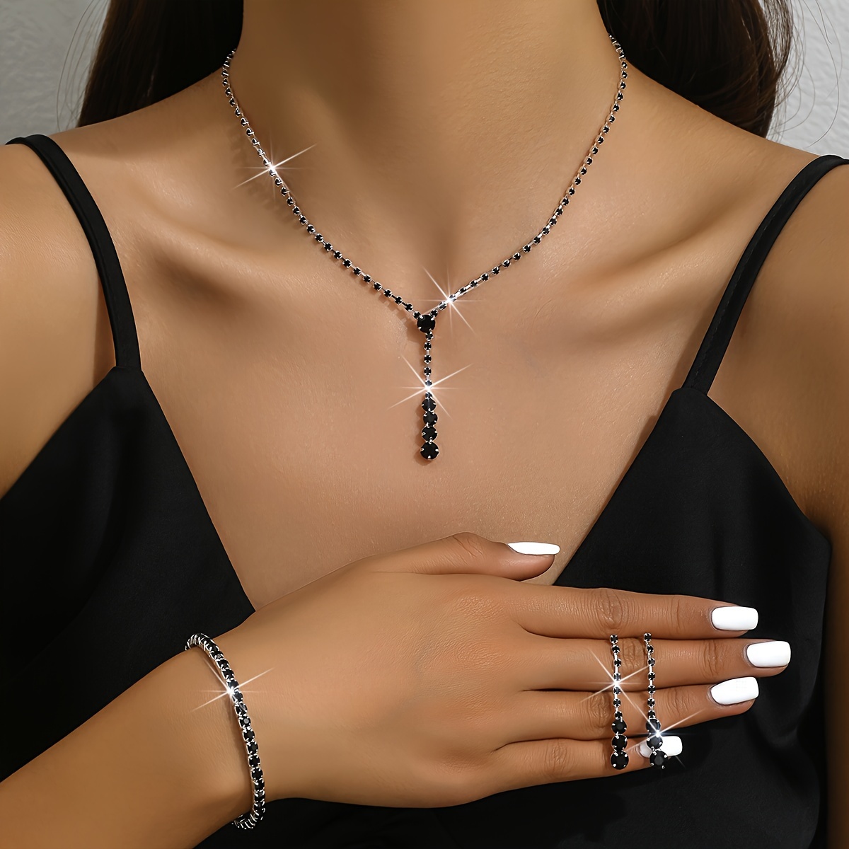 

Elegant And Minimalist Trendy Jewelry Set With Sparkling Rhinestone Decor, Long Single Row Necklace, Earrings, And Bracelet Set, Perfect For Weddings And Banquet