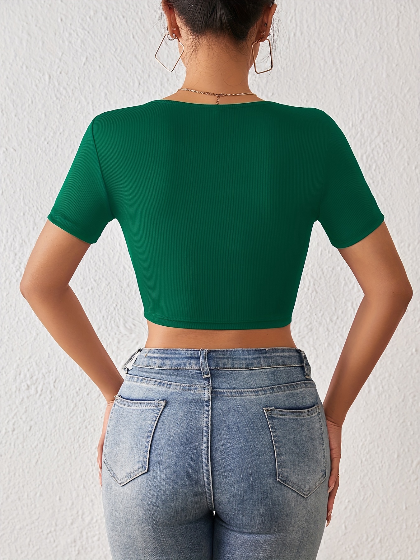 Solid Square Neck Crop T shirt Y2k Sexy Short Sleeve T shirt - Temu