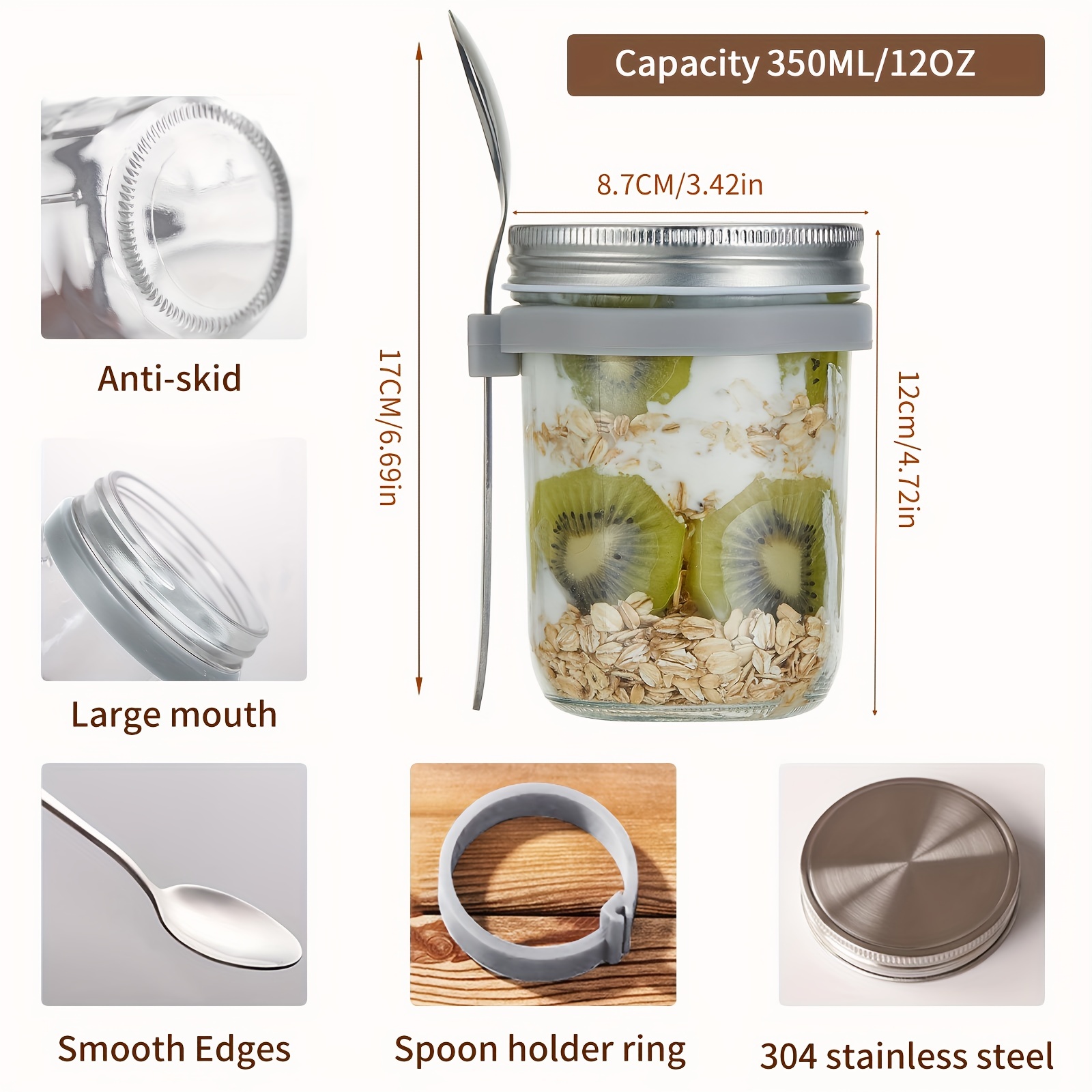 HOT sale 10oz 300ml Overnight Oats Jars with Lid and Spoon