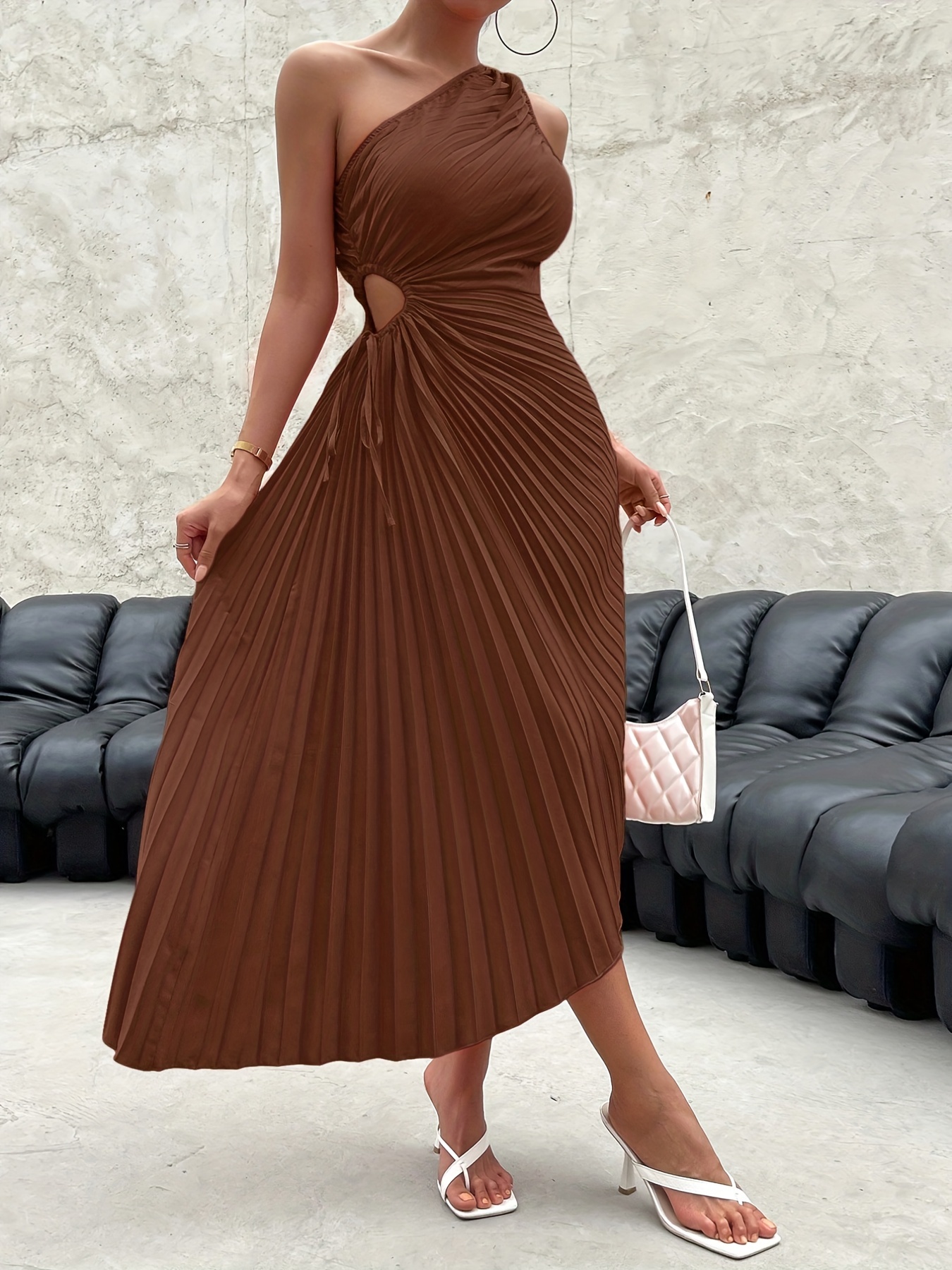 One Shoulder Pleated Dress, Elegant Cut Out Drawstring Sleeveless