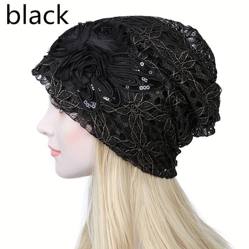 Lace Flower Sequin Slouchy Beanie Trendy Solid Color Double - Temu