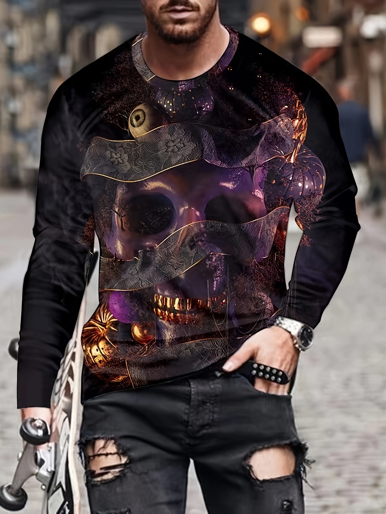 Estampado Patrón Calavera En 3d Camiseta Activa Manga Larga - Temu Chile