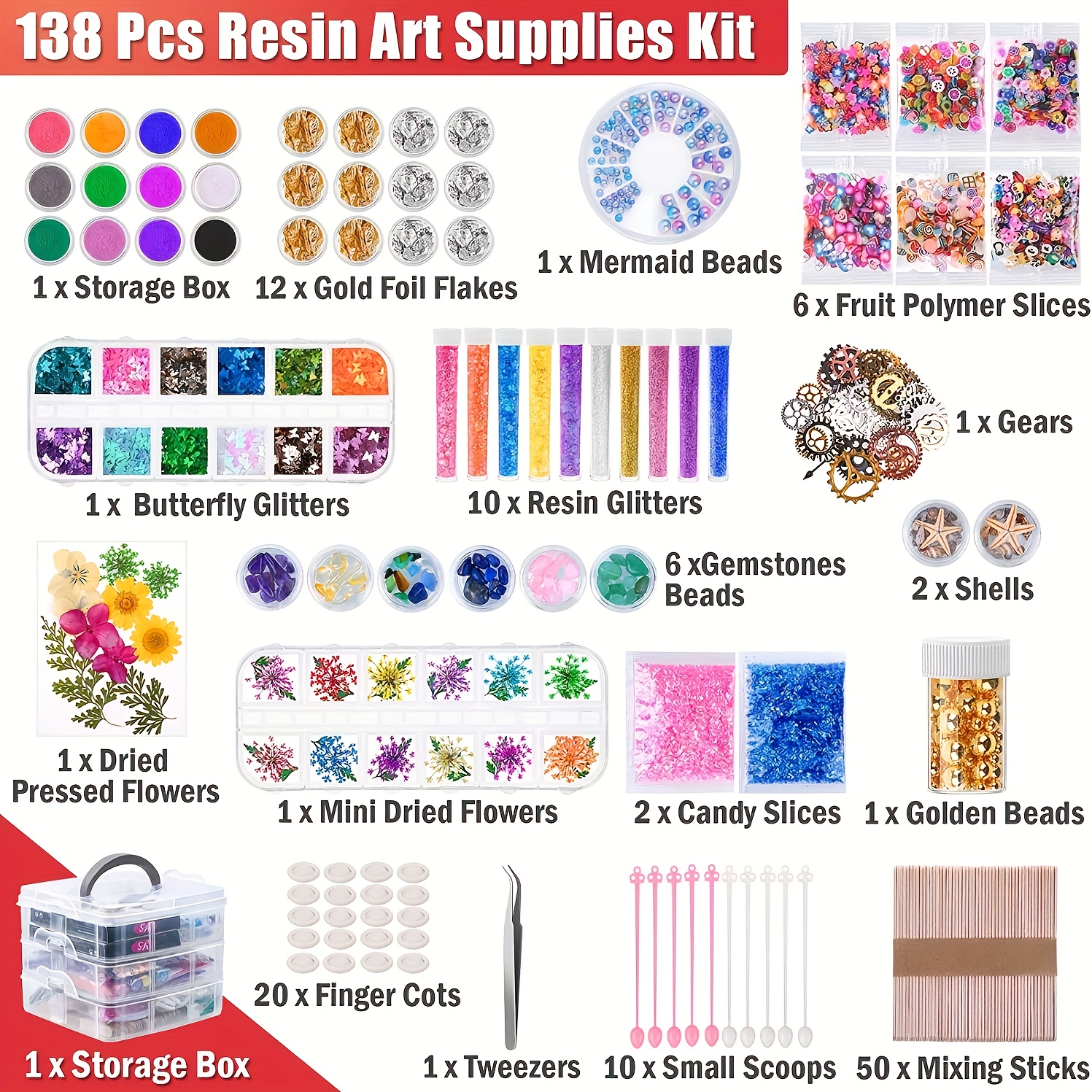 RESIN KIT Glitter Accessories Epoxy Starter Supplies Tools 164 Pcs