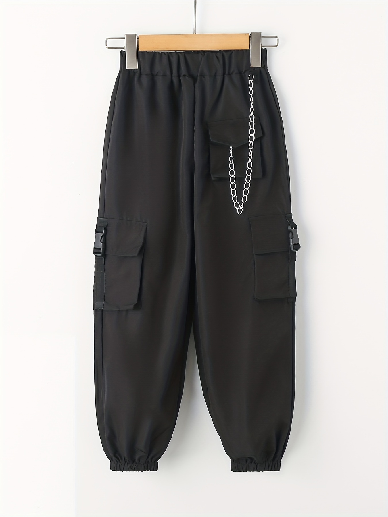 NEW-JOGGERS Pants for Women Chain Detail Flap Pocket Buckle Pants (Color :  Black Size : XS, S, M ,L, XL) 𝐏𝐫𝐨𝐝𝐮𝐜𝐭 𝐃𝐞𝐭𝐚𝐢𝐥𝐬 : ✾Fabric is…