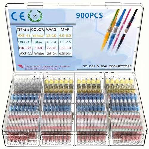 900pcs Waterproof Electrical Terminals Kit - Heat Shrink Butt Splices, Solder Seal Wire Connectors & Tube Sleeves For Boats, Vehicles & Motorcycles