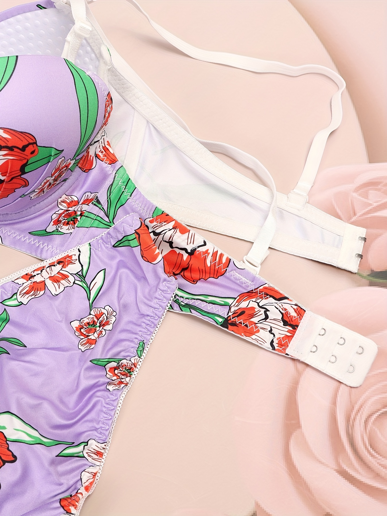 Floral Print Bra Panties Elegant Push Bra Elastic Panties - Temu