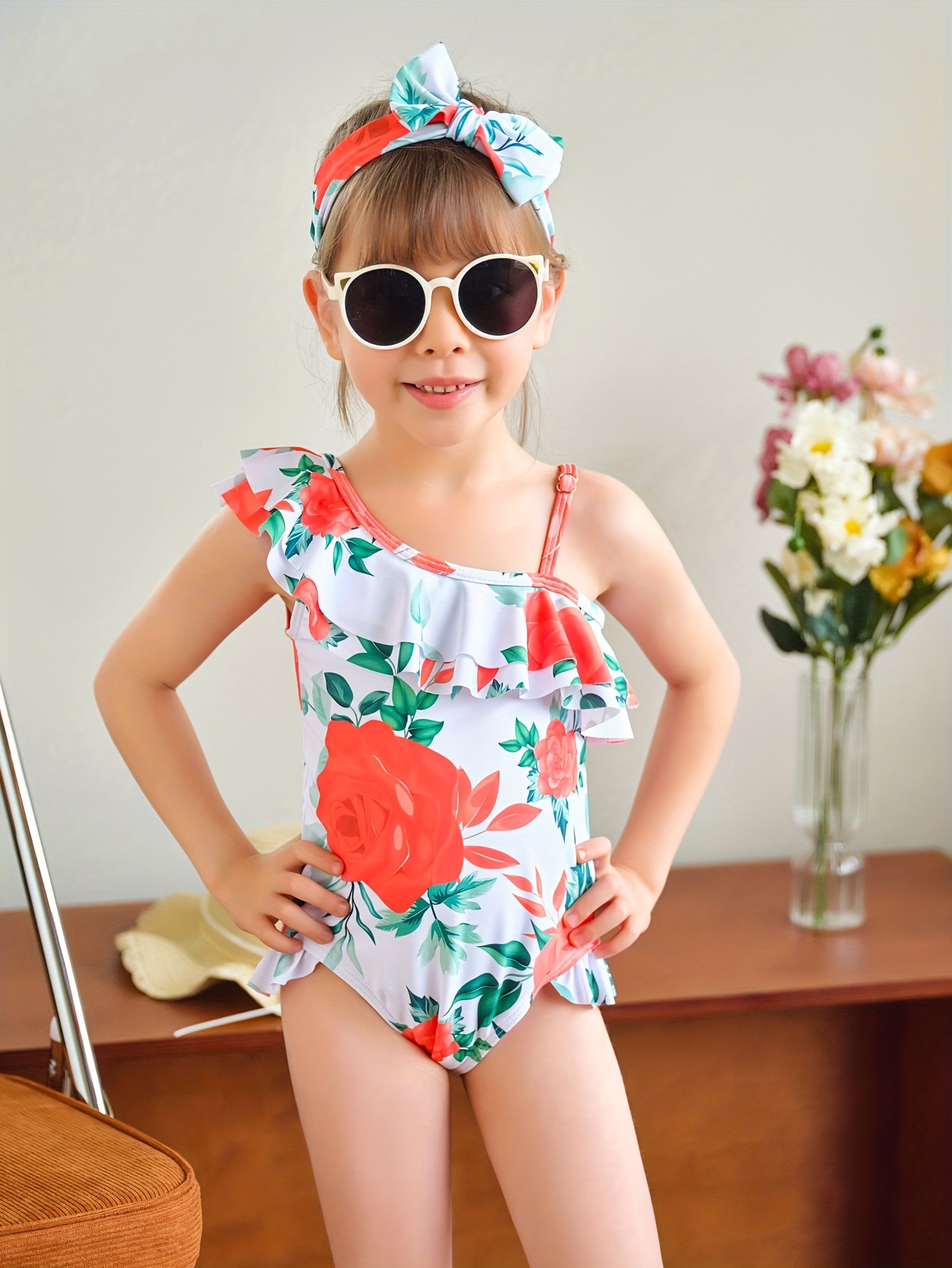  Toddler Baby Girl Swimwear One Shoulder Sunflower