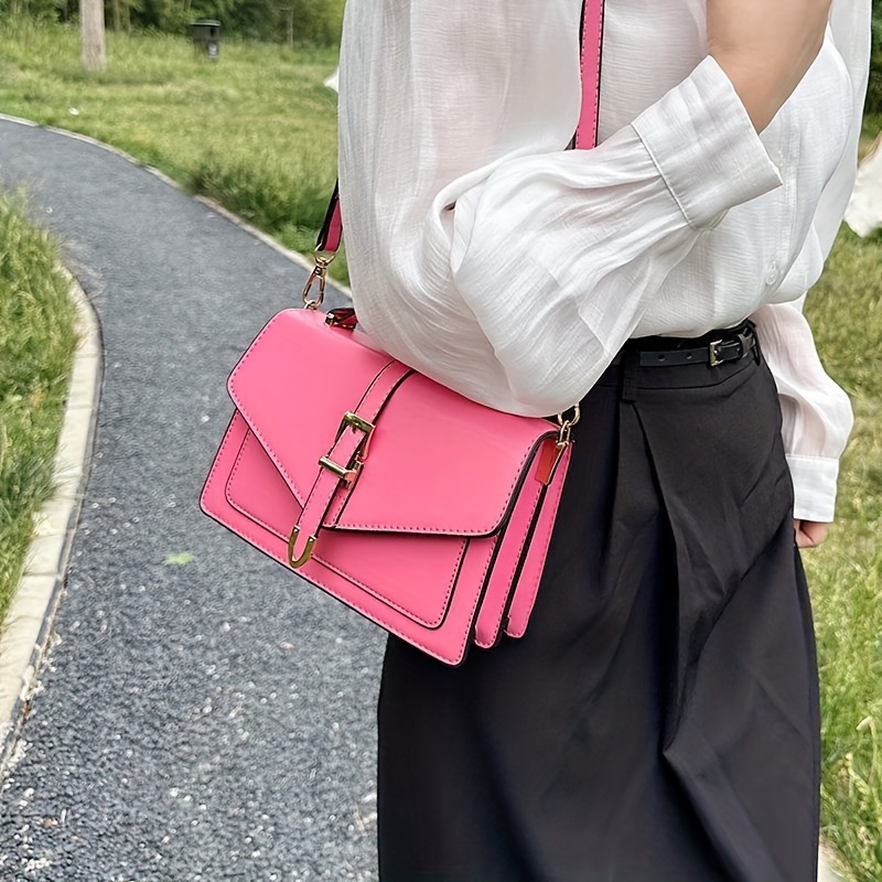 Solid Color Stitching Trendy Shoulder Bag Scarf Buckle Decor - Temu