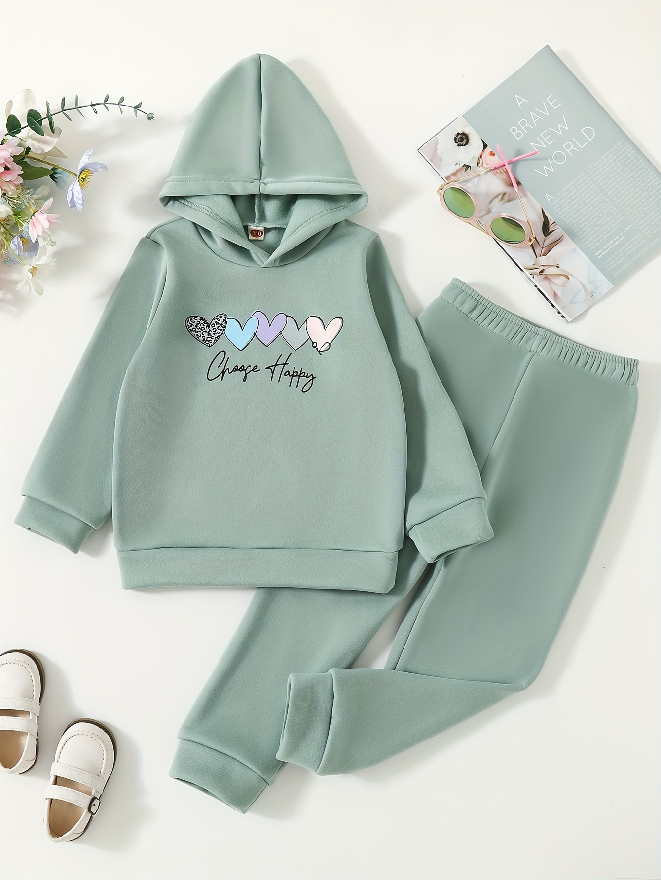 Girls 2pcs Heart Print Hooded Top & Heart Graphic Jogger Pants Set, Comfy  Set Girls' Sets For Gift, Sports