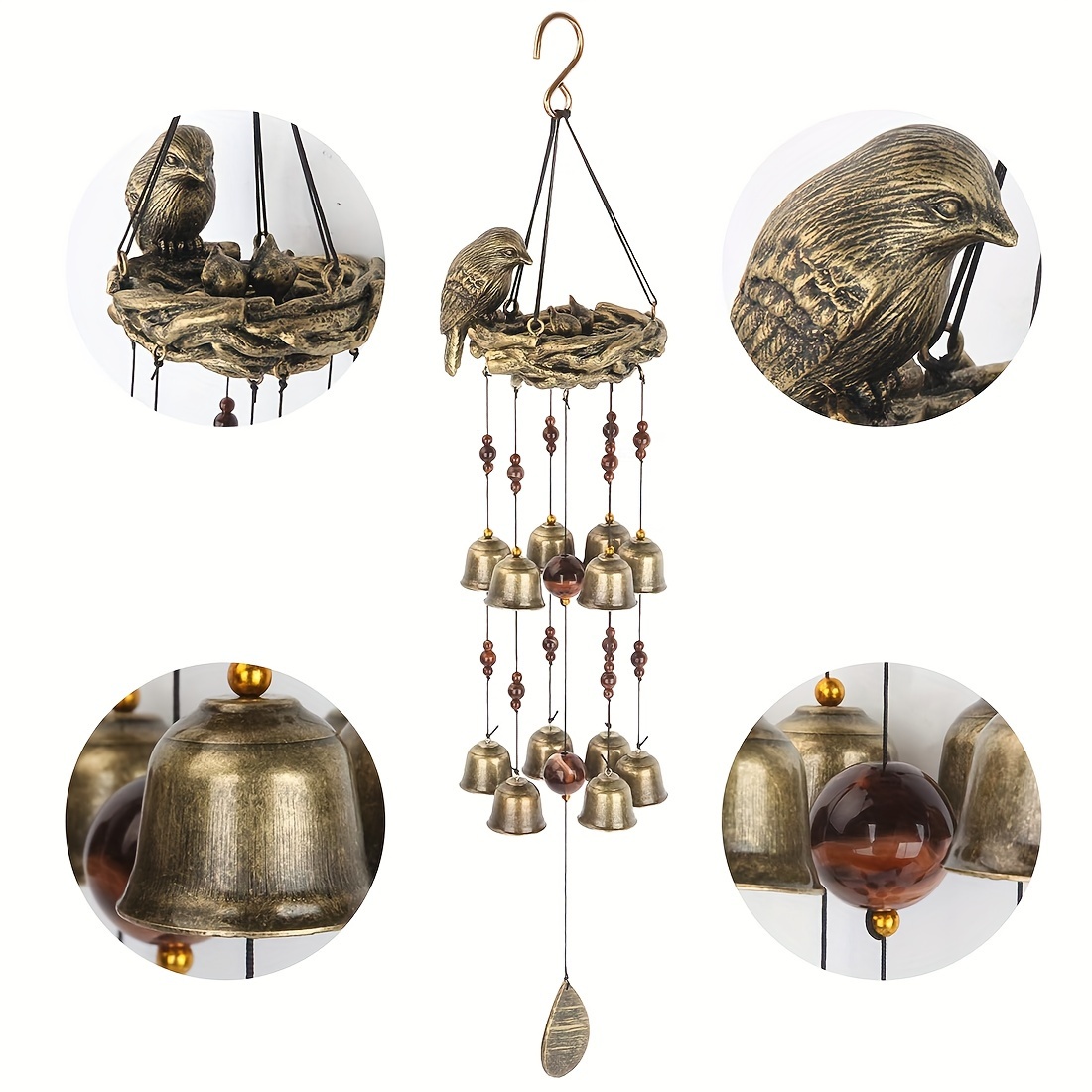 Bird Bells Chimes With 12 Wind Bells Love Gift, Garden Backyard Church Hanging Decor, Bronze
