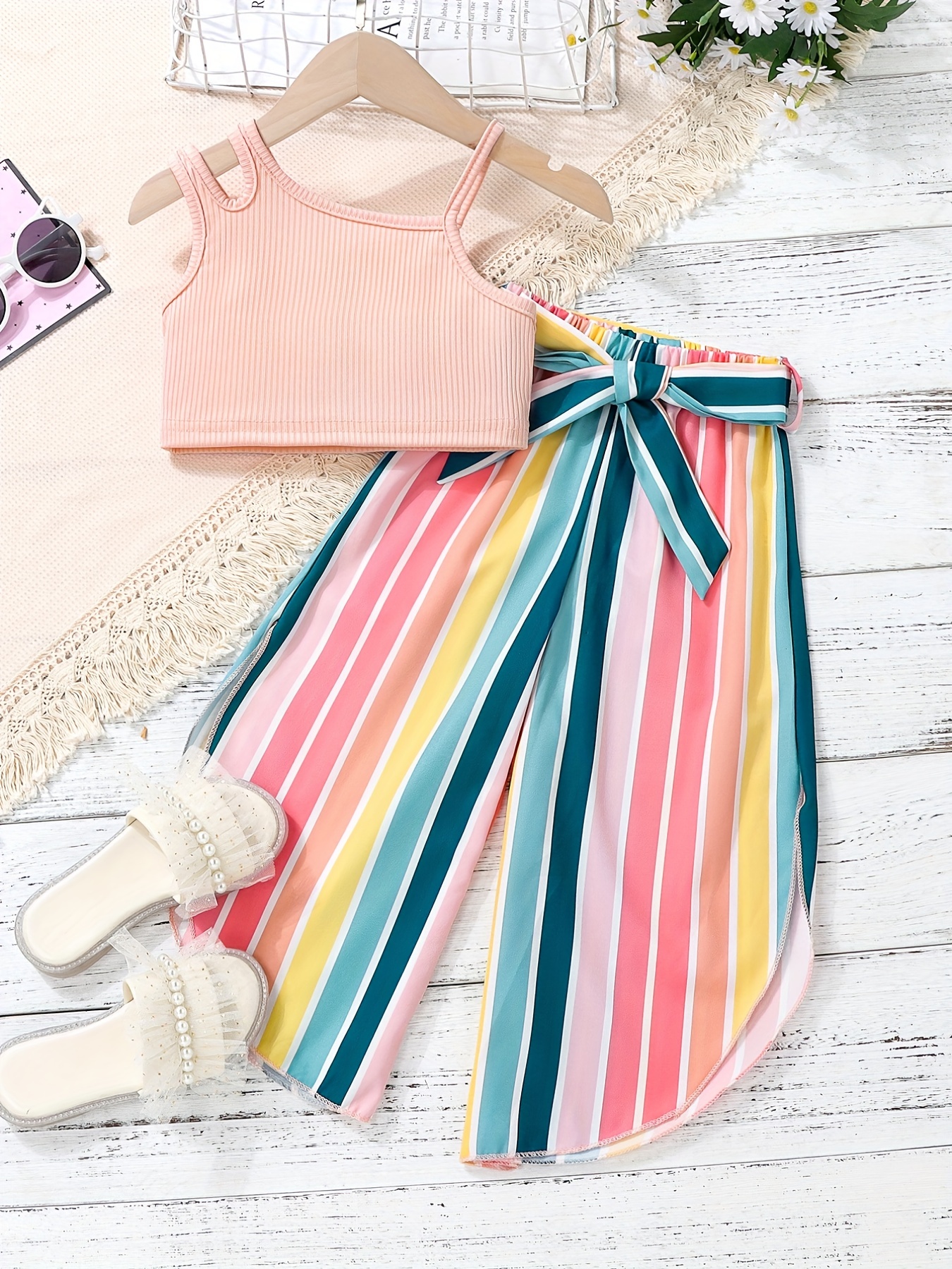 Girls Cutout Shoulder Tank Top and Striped Pants Set
