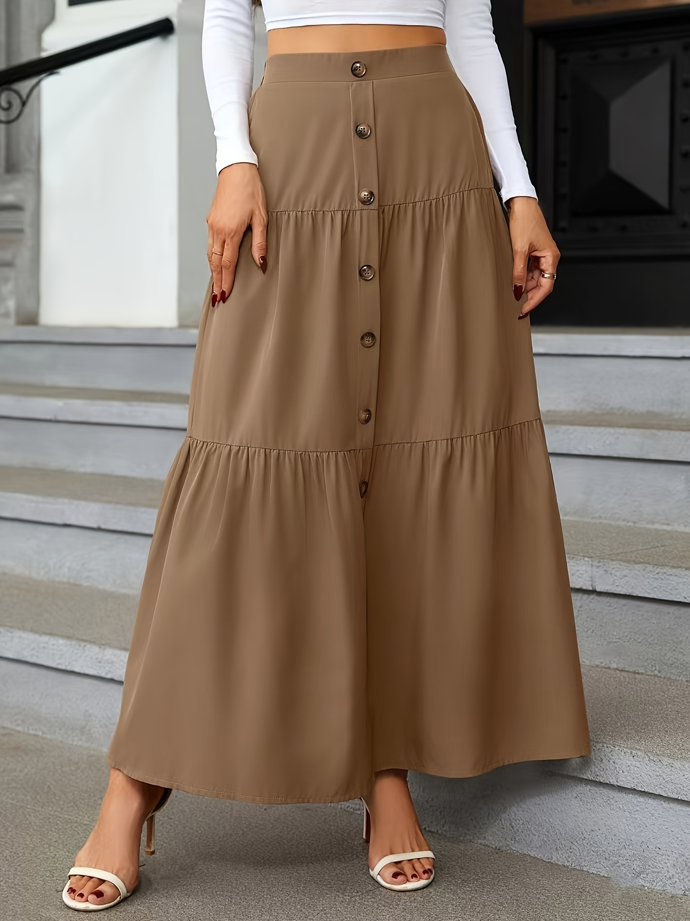 high waist tiered skirts casual solid button front maxi skirts womens clothing details 25