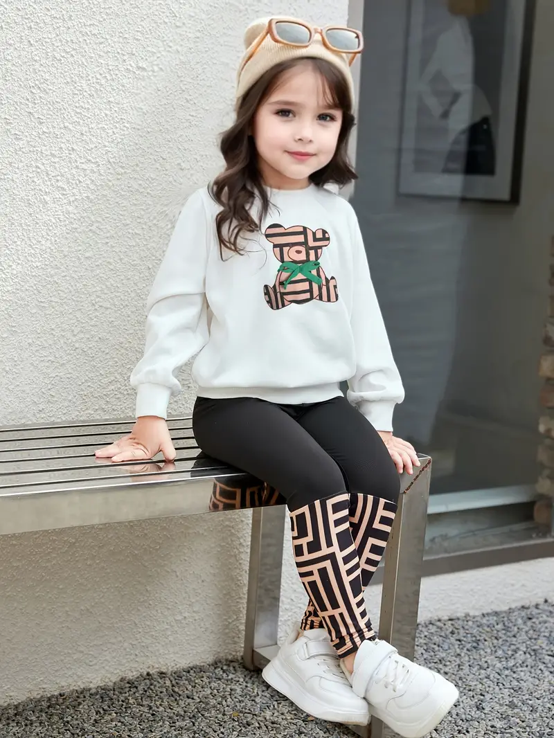 2pcs girls bear graphic outfit sweatshirt geometric pattern allover print leggings set kids clothes for spring fall details 1