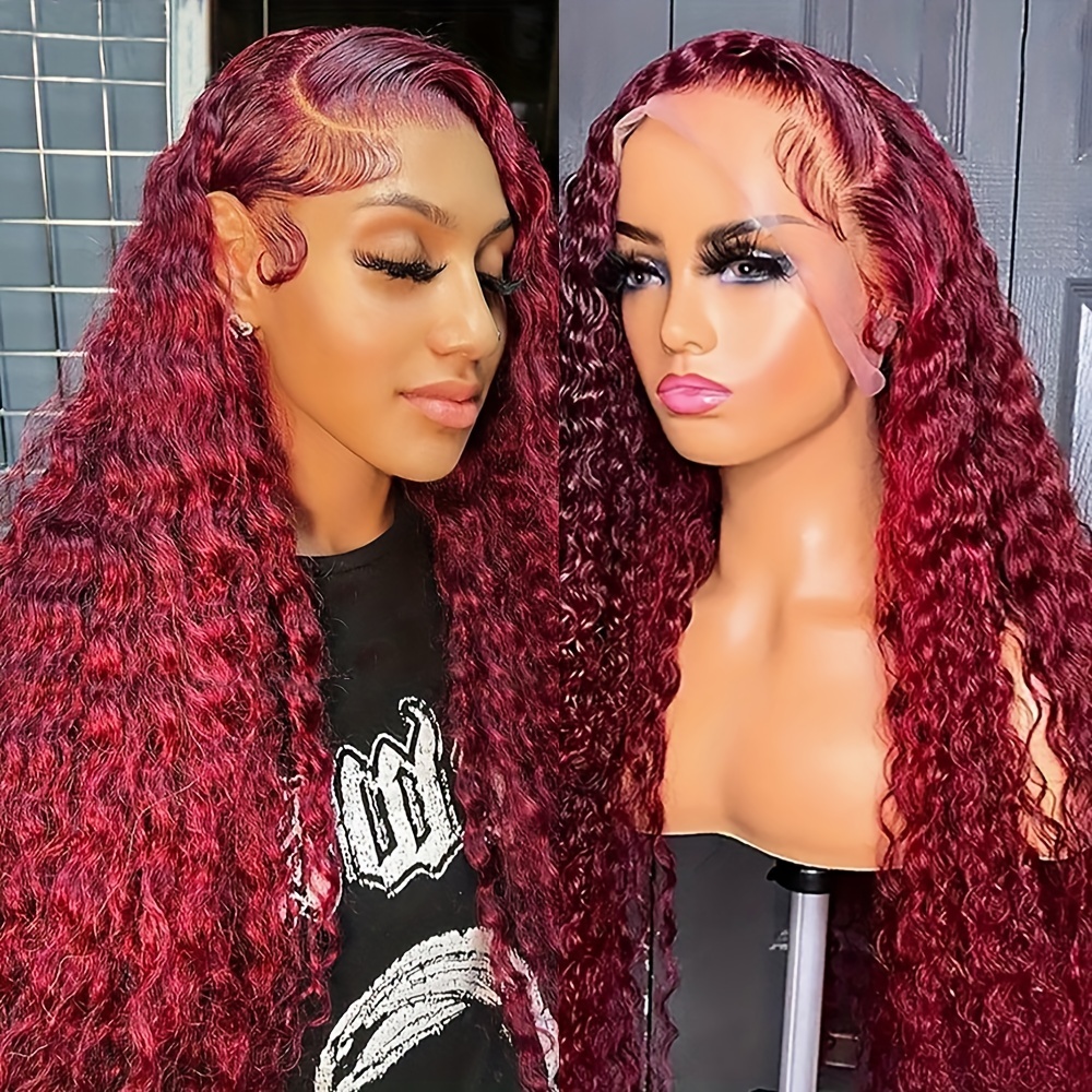 13x4 Deep Curly Lace Frontal Wig Transparent 99j Burgundy - Temu Canada