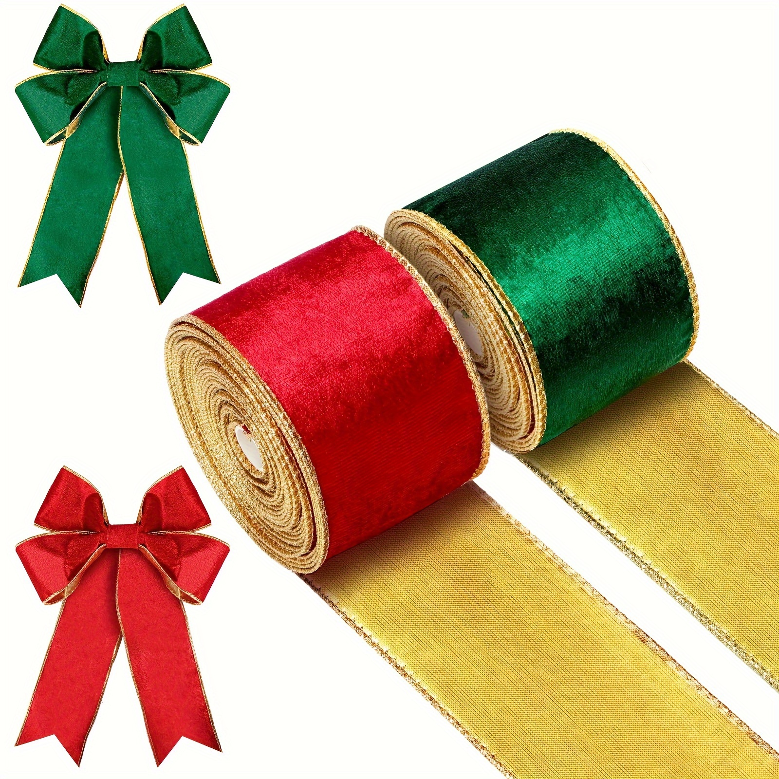 Red Velvet Ribbon Velvet Christmas Ribbon Red Wired 50 Yards/2.5 (2 1/2)  Inch Wide w. Gold Trim Wire-Edge: Valentine, Xmas Gift Wrap, Christmas Tree
