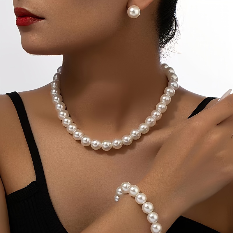 

Trendy Faux Pearl Jewelry Set Earrings Necklace And Bracelet Set Vintage Elegant Style Acrylic Jewelry Accessories For Bridal Wedding Engagement Wearing