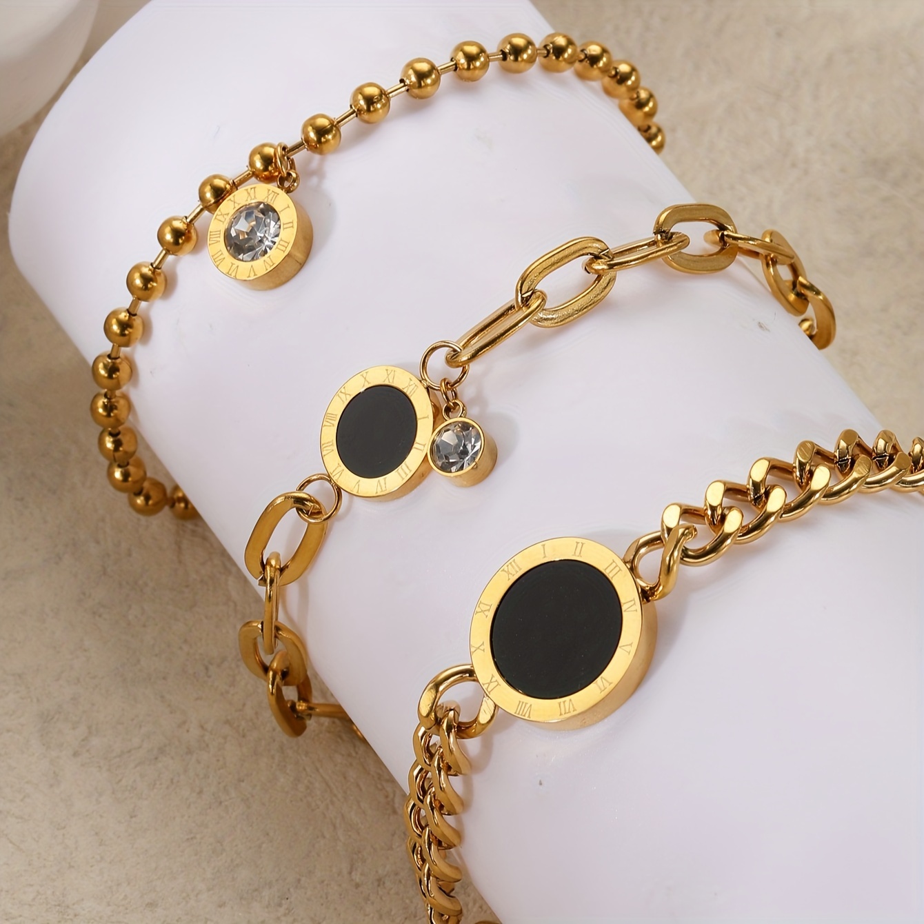 

1pc Personality Stainless Steel Roman Round Tag Pendant Chain Bracelet Inlaid Shiny Cz Elegant Hand Chain