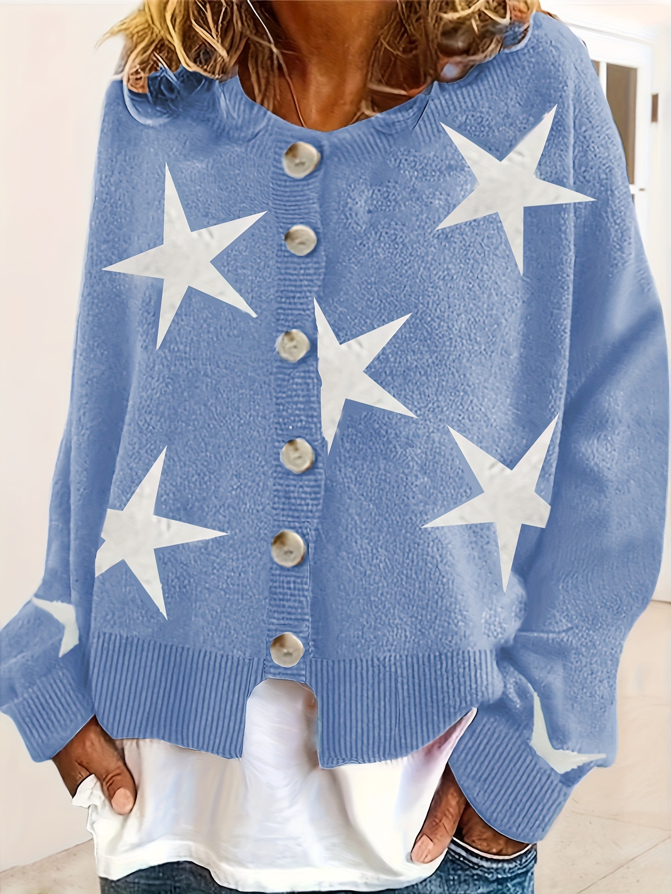 Plus Size Casual Cardigan Women s Plus Star Print Button Temu