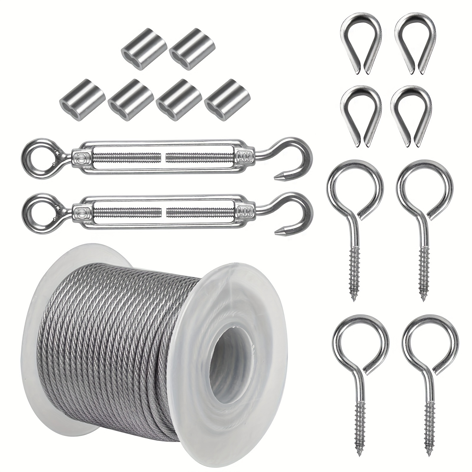 590.55 Inch Wire Rope Thick 2 Mm Washing Line Outdoor With Turnbuckles Rope  Tensioner Eyelet Hook Lights Hanging Kit Thimble Clamps Wire Rope Clamp