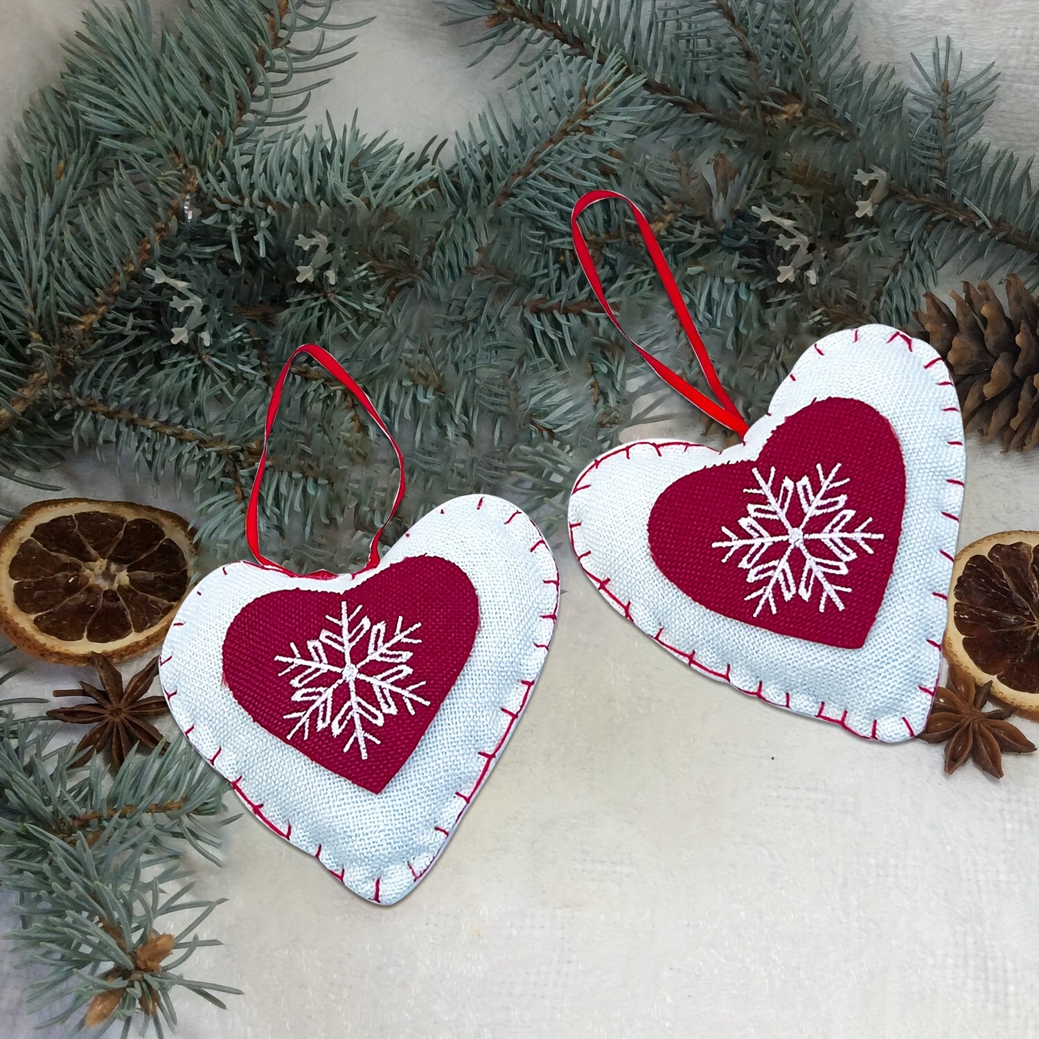 1pair Christmas Pendant, Red White Heart Shaped Snowflake Embroidery,  Christmas Tree Hanging Pendants Decorations For Xmas Party Tree Home Decor