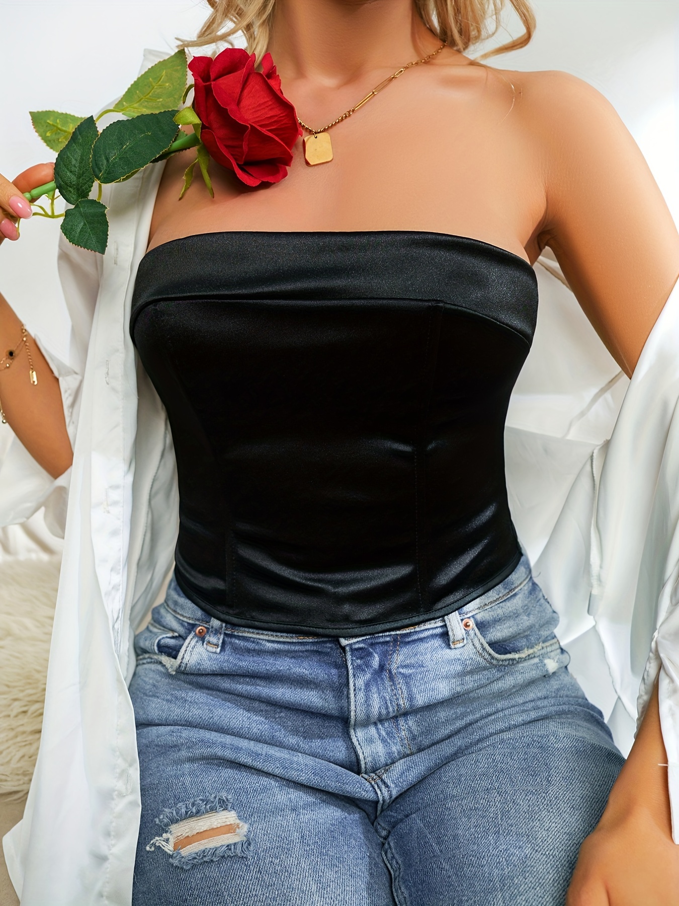 Black Satin Strapless Top - Temu