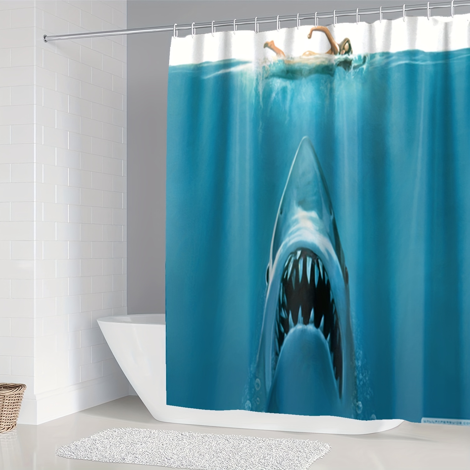 4pcs Deep-Sea Shark Bathroom Set - Waterproof Shower Curtain, Non-Slip Mat,  Toilet Lid Cover, and Decorative Rug - Perfect for Bathroom Upgrades