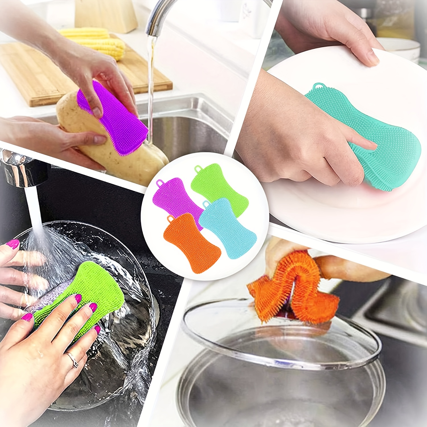 5 Pieces Silicone Sponge Silicone Scrubber Dish Brush Cleaning Sponges Soap-Shaped Silicone Dishwashing Brush Pad Double Sided Silicone Brush for