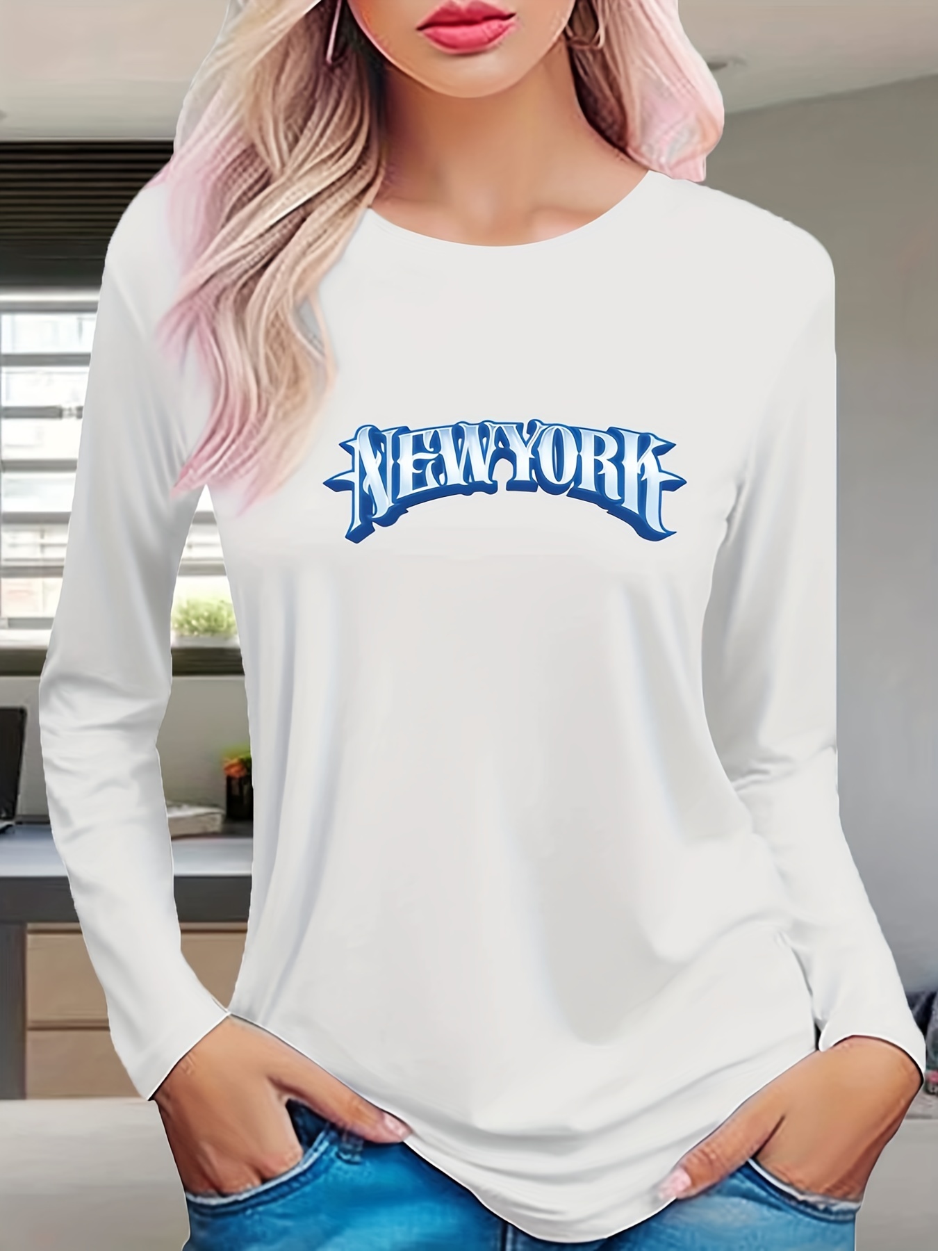 New York Print Crew Neck T-shirt, Casual Long Sleeve Top For