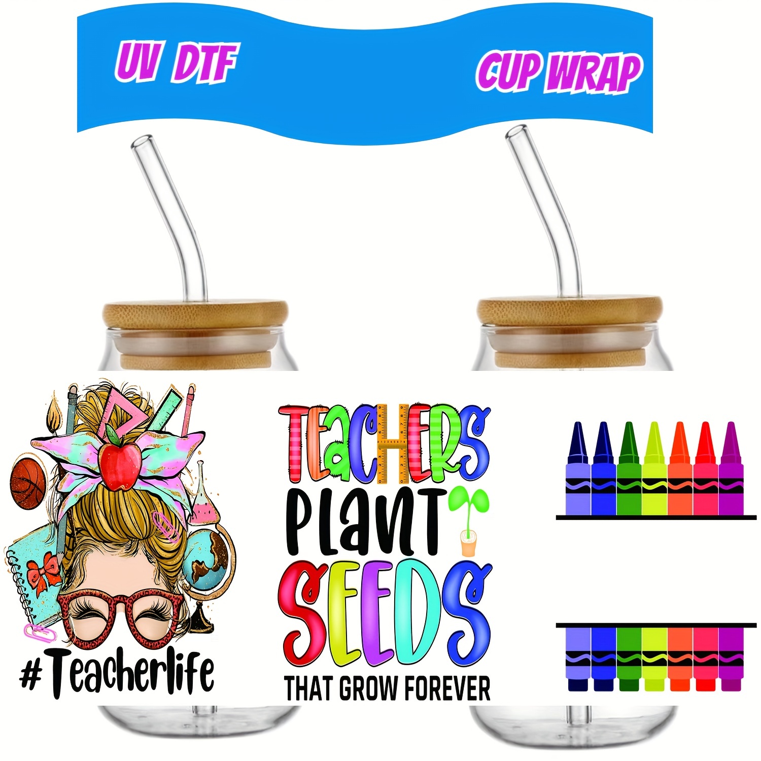 UV DTF Cup Wrap Transfer Stickers for Glass, 6 Sheets Cup Rub on Transfers  for Crafting Cup Decal Stickers for 16OZ Libbey Glass Cups Furniture Craft