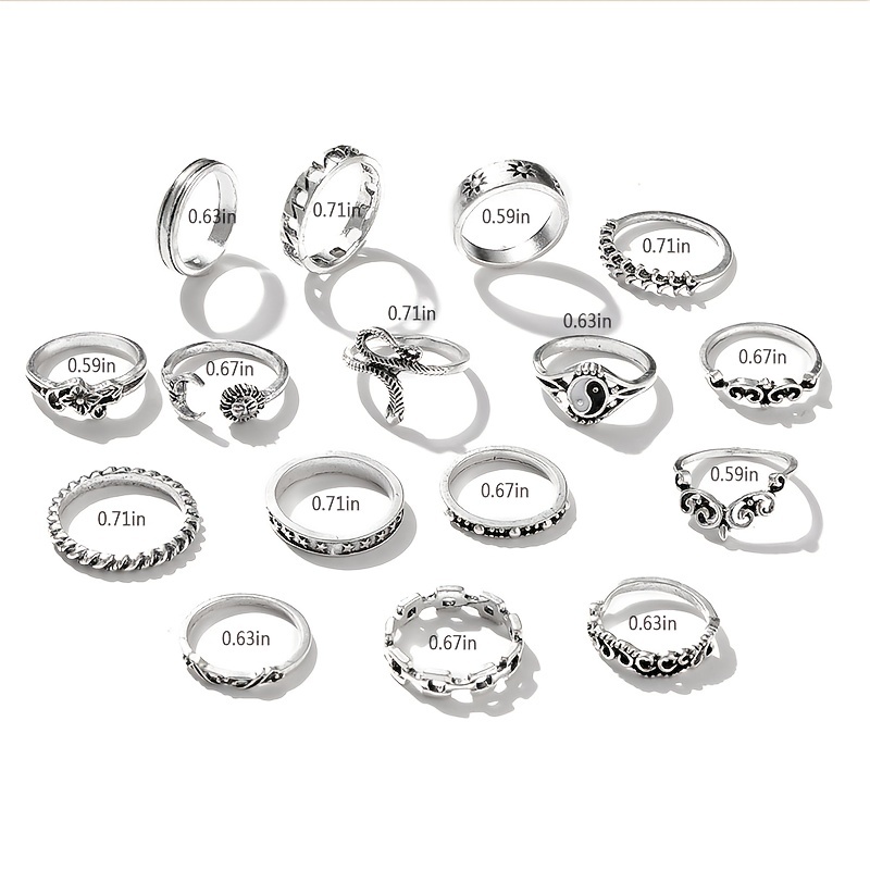 16pc Vintage Stackable Sun Moon Snake Leaf Ring Set