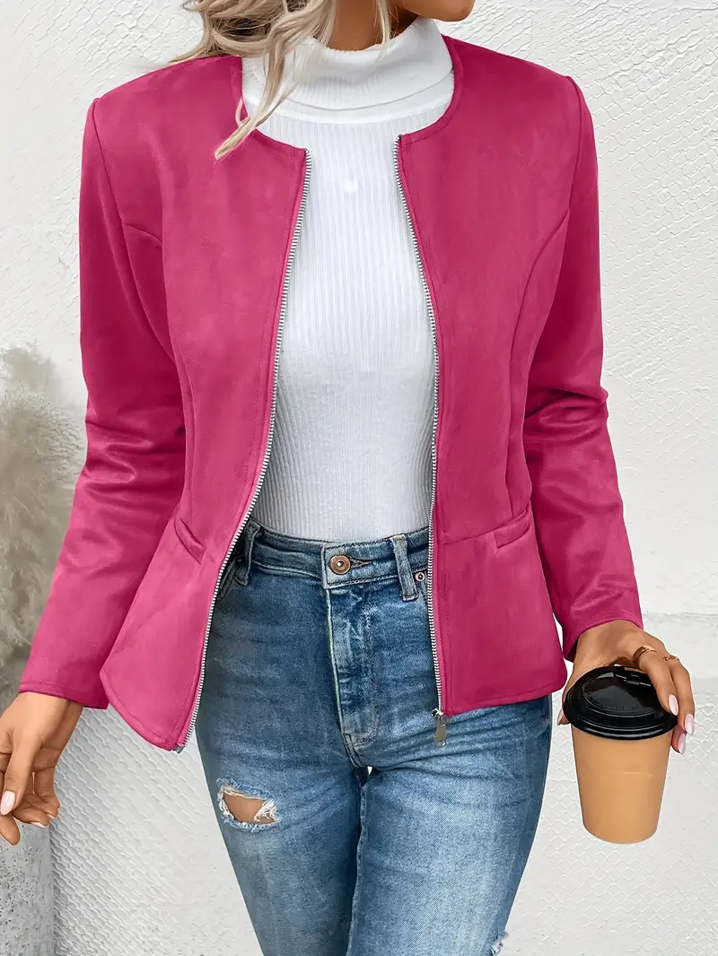 plus size elegant jacket womens plus solid long sleeve zip up round neck jacket details 43
