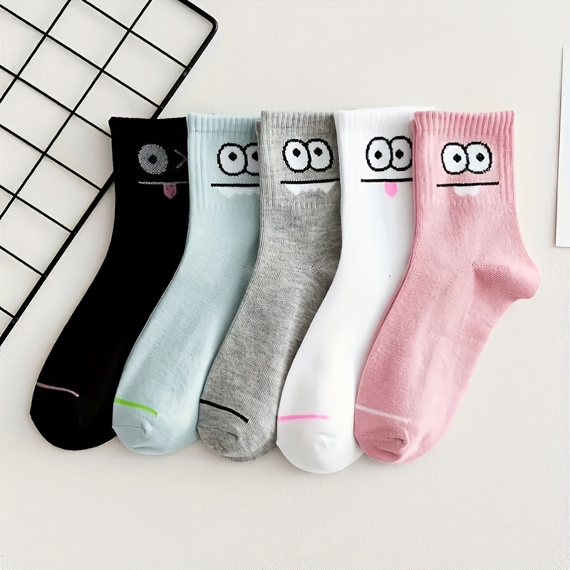 

5pairs Unisex Cartoon Big Eyes Print Fashion Crew Socks, Cotton Socks For Men Women, Sweat-absorbing Breathable Comfortable Crew Socks, Men's Socks