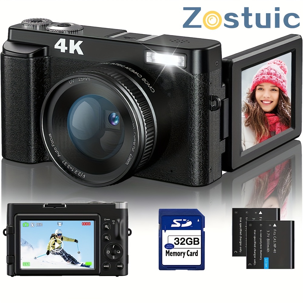 4K Digital Camera Autofocus & Anti-Shake 48MP Vlogging Camera with SD Card,  3 180° Flip Screen Compact Camera with Flash 16X Digital Zoom Travel