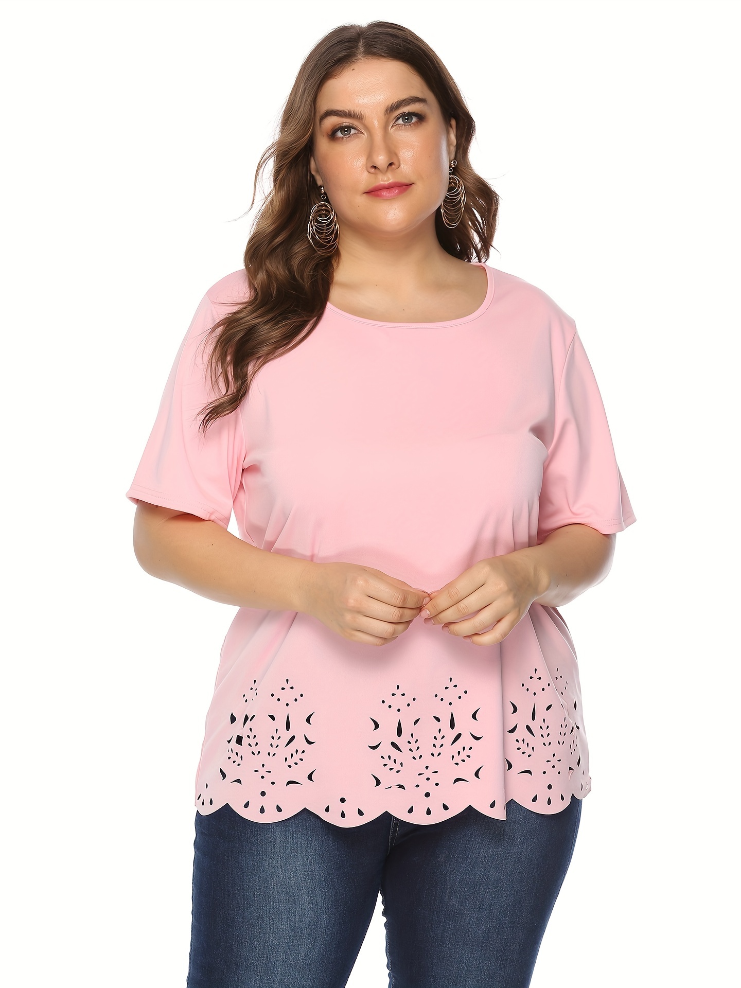 Women's Hot Pink Plain Round Neck Sexy Short Sleeve Plus Size T-Shirts, Size: 1XL(14)