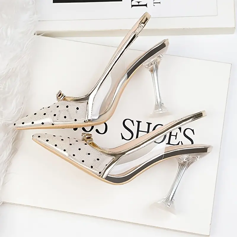 womens polka dot mesh high heels pointed toe slingback pyramid heels versatile dress party sandals details 5