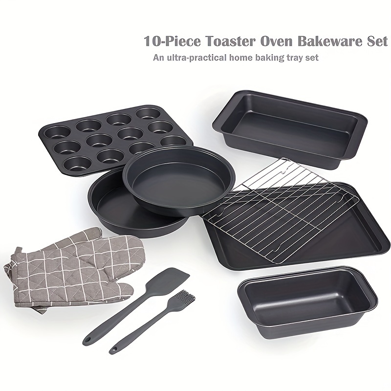 kitCom Toaster Oven 4-Piece Set Nonstick Heavy Duty Carbon Steel, includes  Nonstick Cake Pans, Muffin Pan, Cooling Rack, Gray