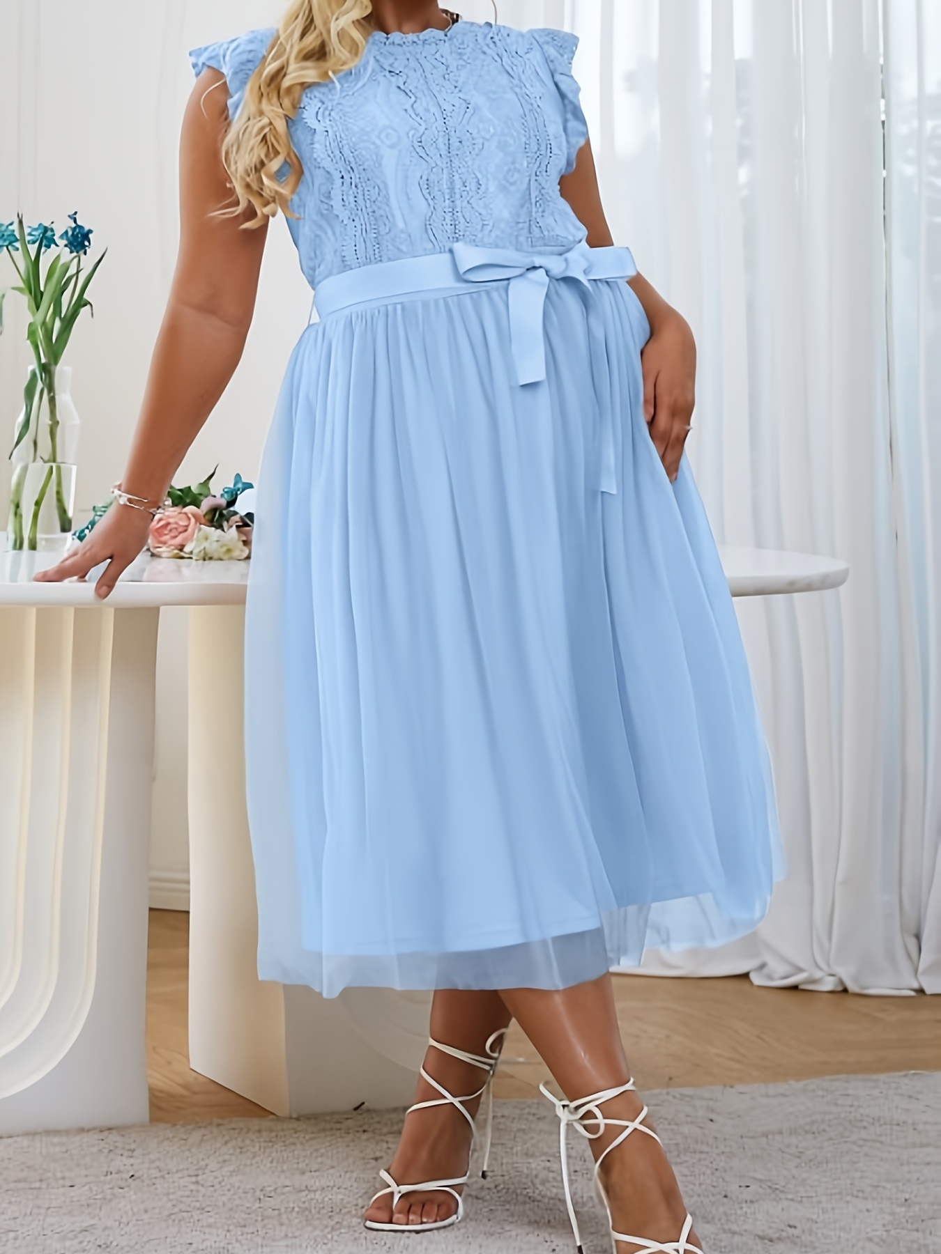 Plus Size Elegant Party Dress Women's Plus Solid Lace - Temu Australia