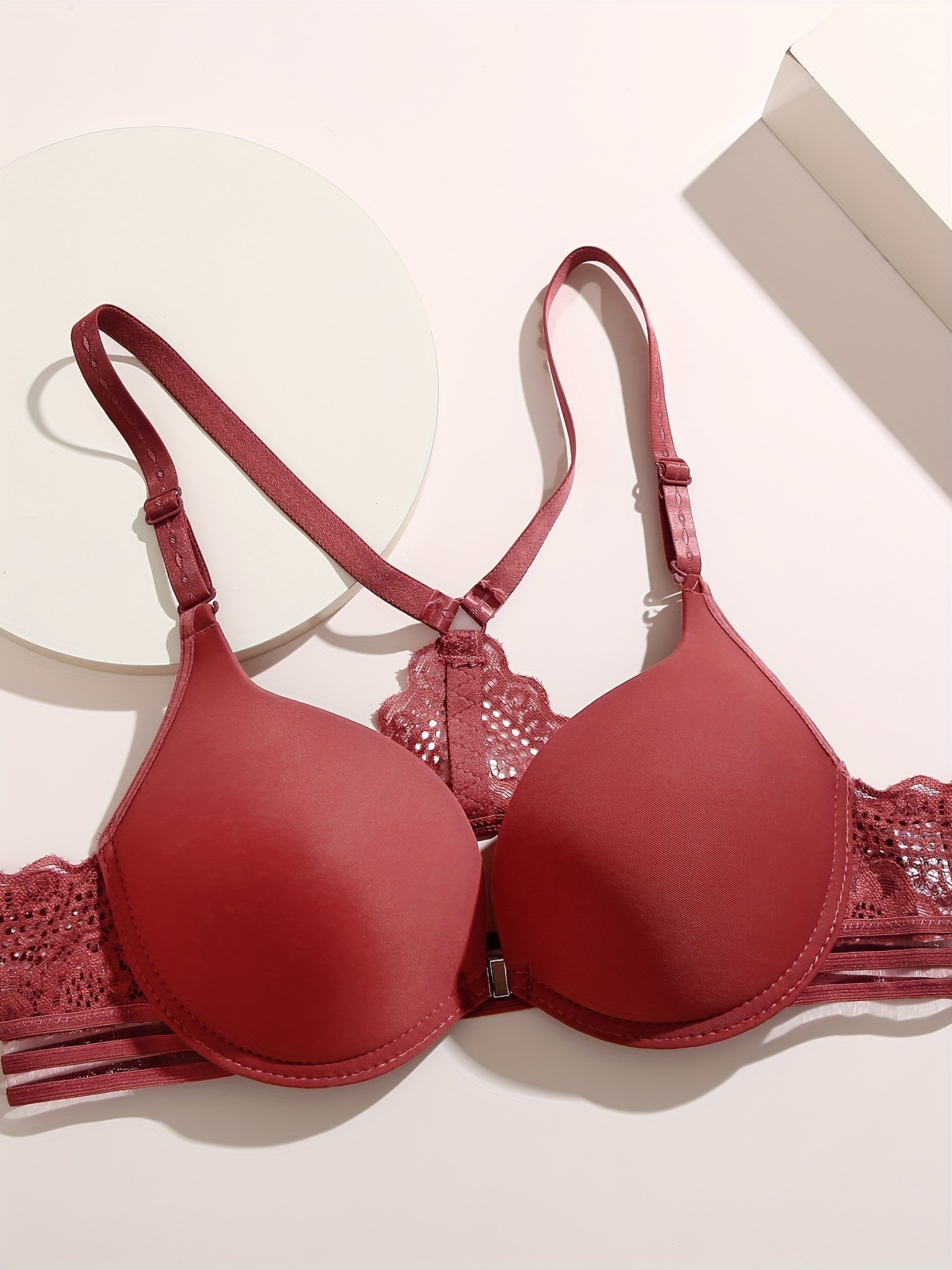 Contrast Lace Push Bra Comfy Breathable Front Buckle Plunge - Temu