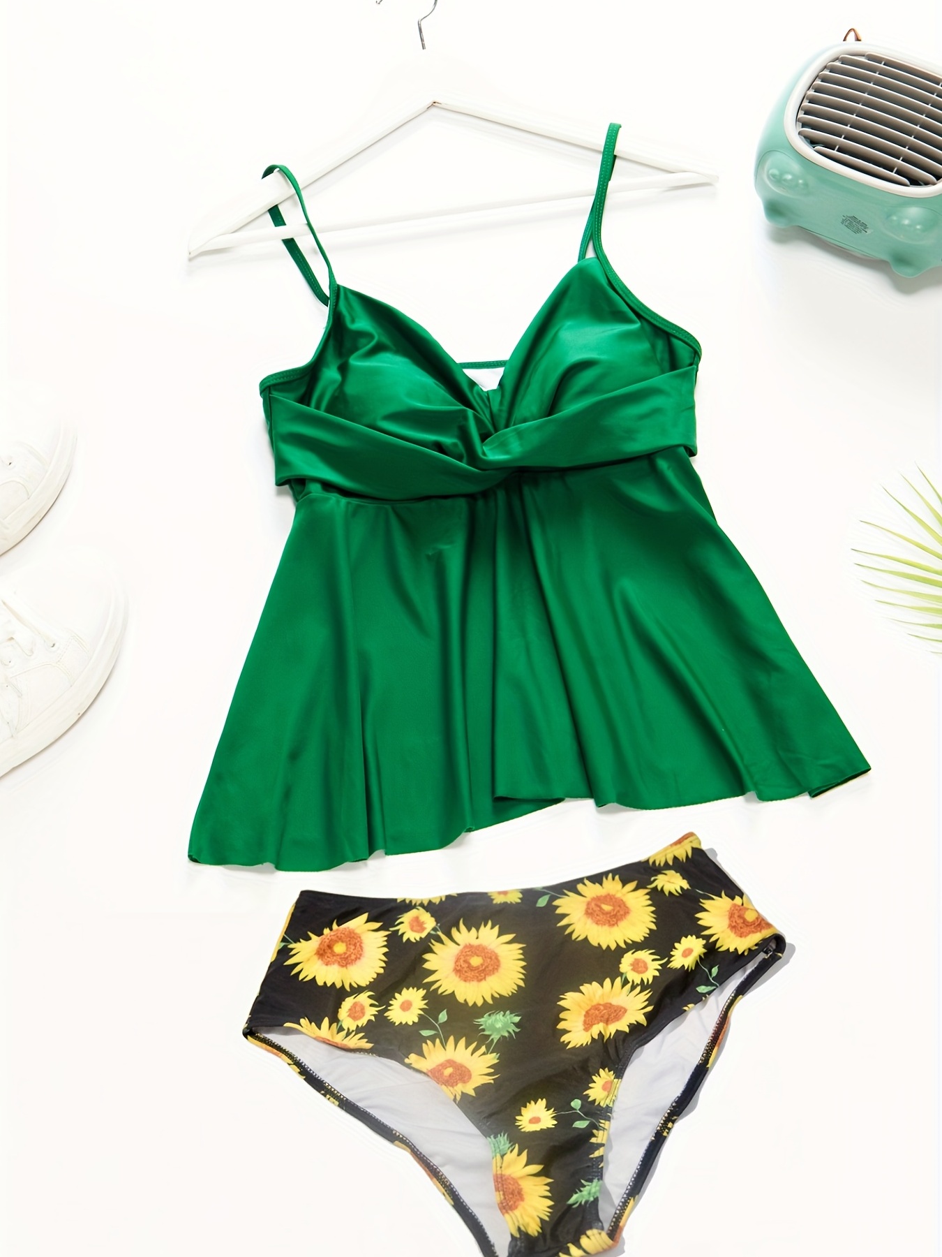 Dropship Plus Size Solid Cami Top & Sunflower Print Pants Swimsuit