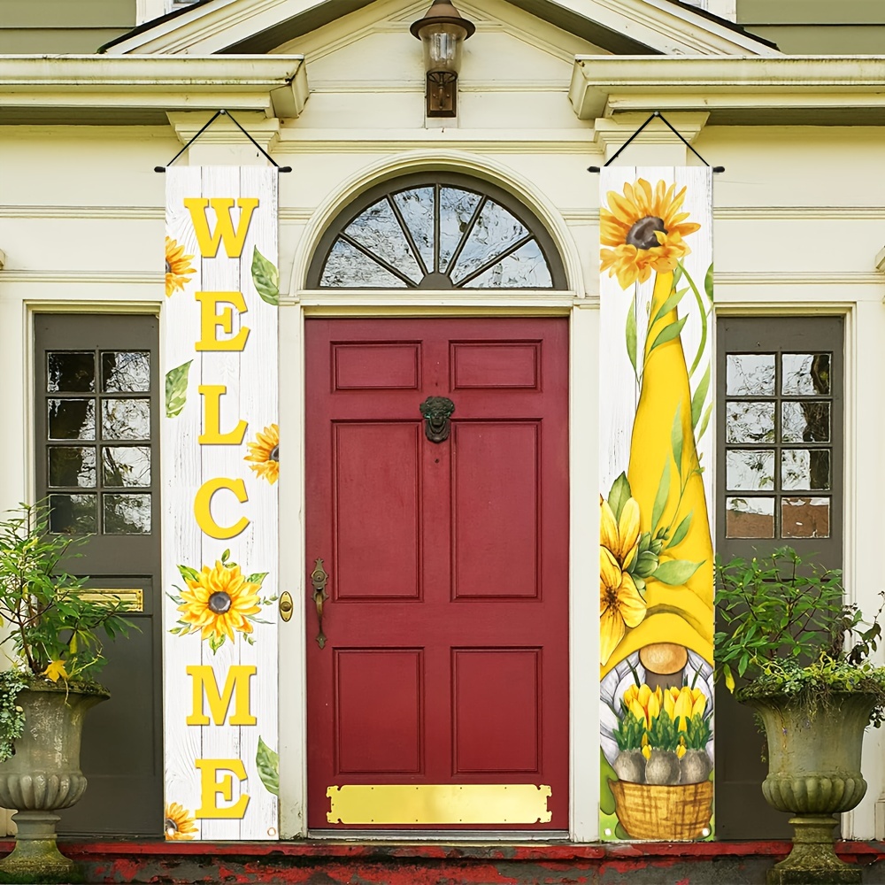 

2pcs, Welcome Spring Front Door Porch Signs, Polyester Gnome Floral Letters Theme Patio Outdoor Indoor Party Decoration Hanging Banner 11.8x70.8 Inch