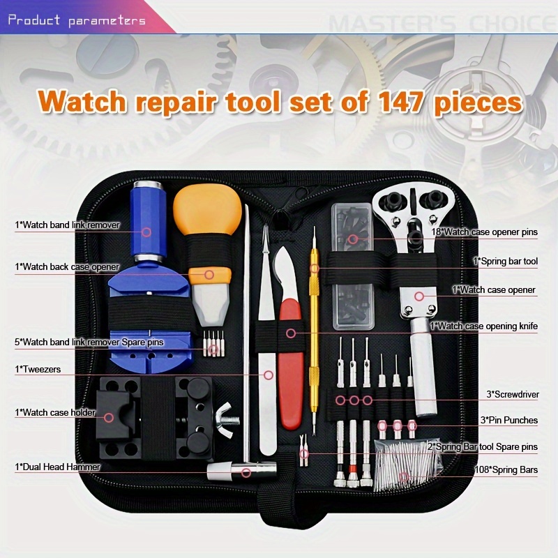 147pcs Watch Repair Tool Set, Case Opener Spring Bar Strap Link Tool Set With Carrying Pouch, Watch Battery Replacement Assistant, Multifunctional Tool details 0