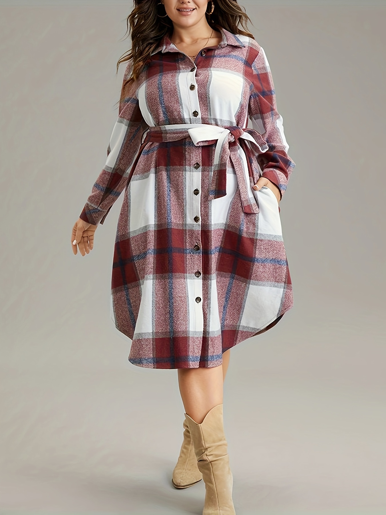 Plus Size Women's Long Sleeve Contrast Plaid Tunic Dress – MauriceAndreen