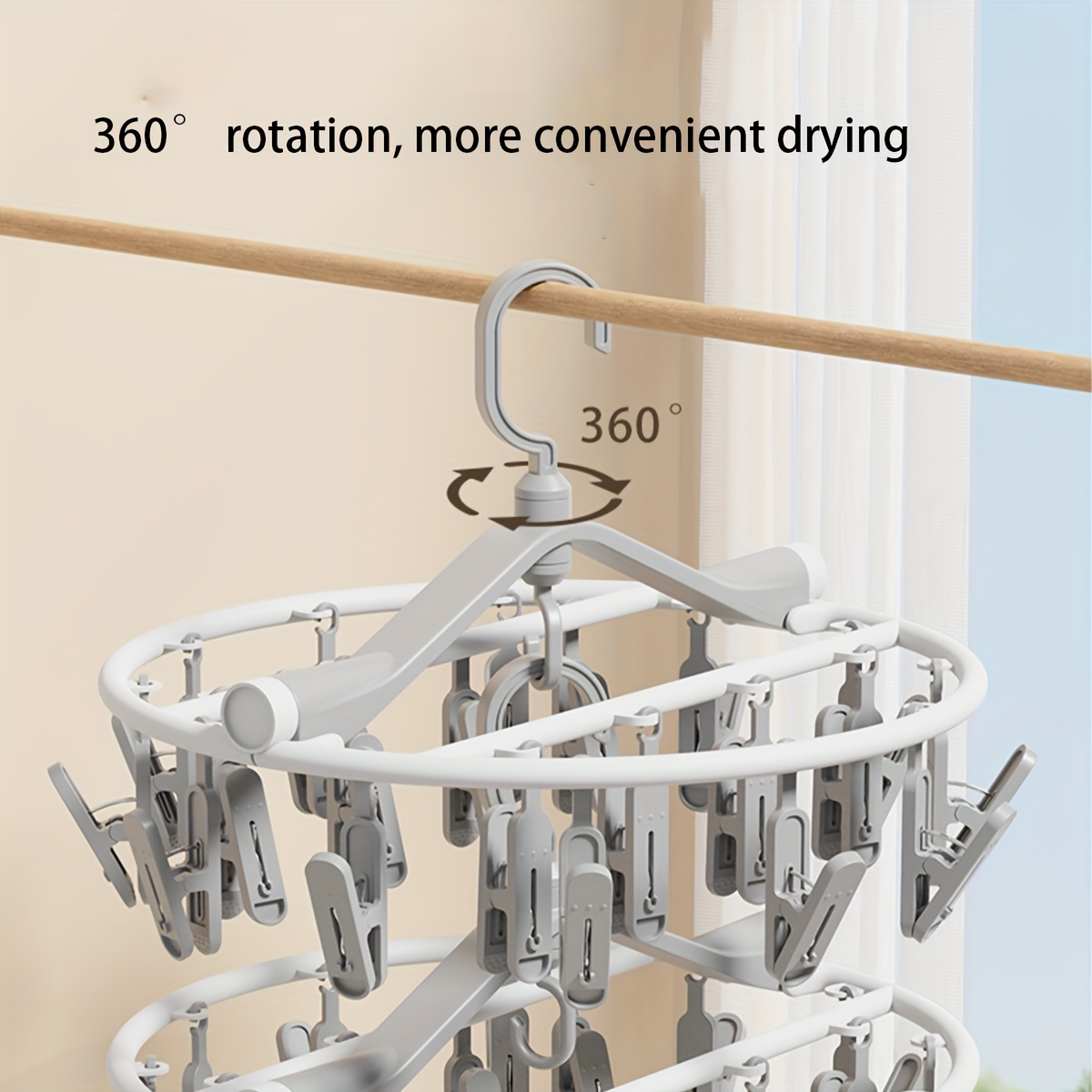 Organization and Storage Gnobogi Windproof Sock Clips Hanger, Clothes Drying Rack with 360 Swivel Hook and Strong Clips for Drying and Organize