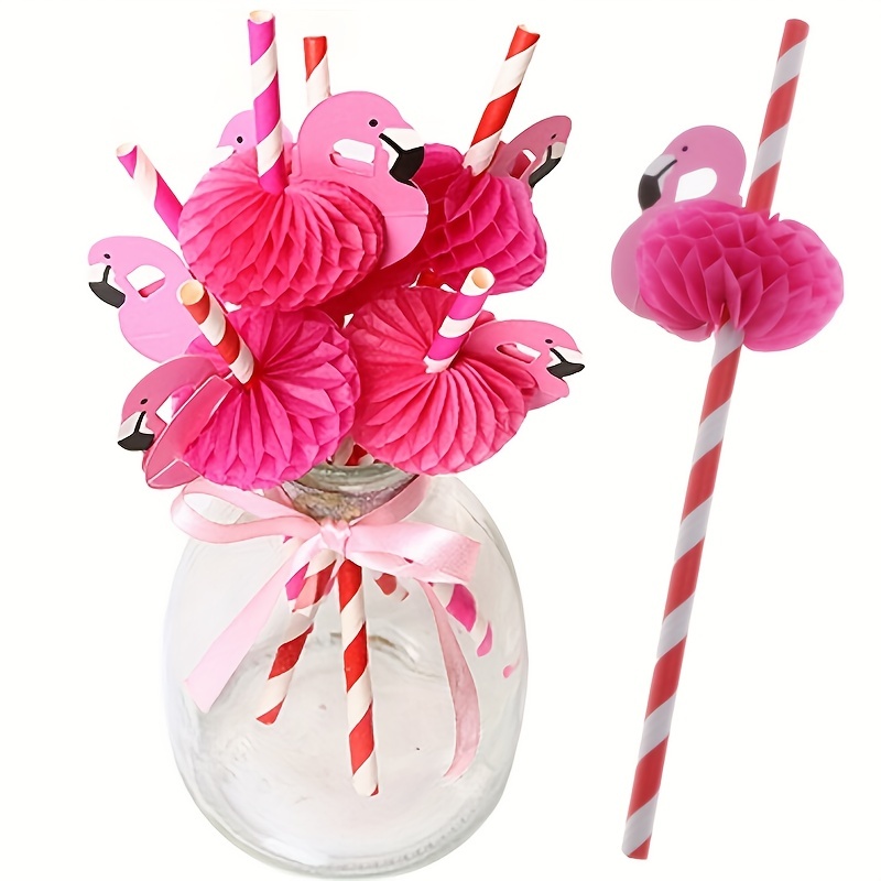 10PCS 3D Pink Flamingo Straws Summer pool Jungle Paper Drinking