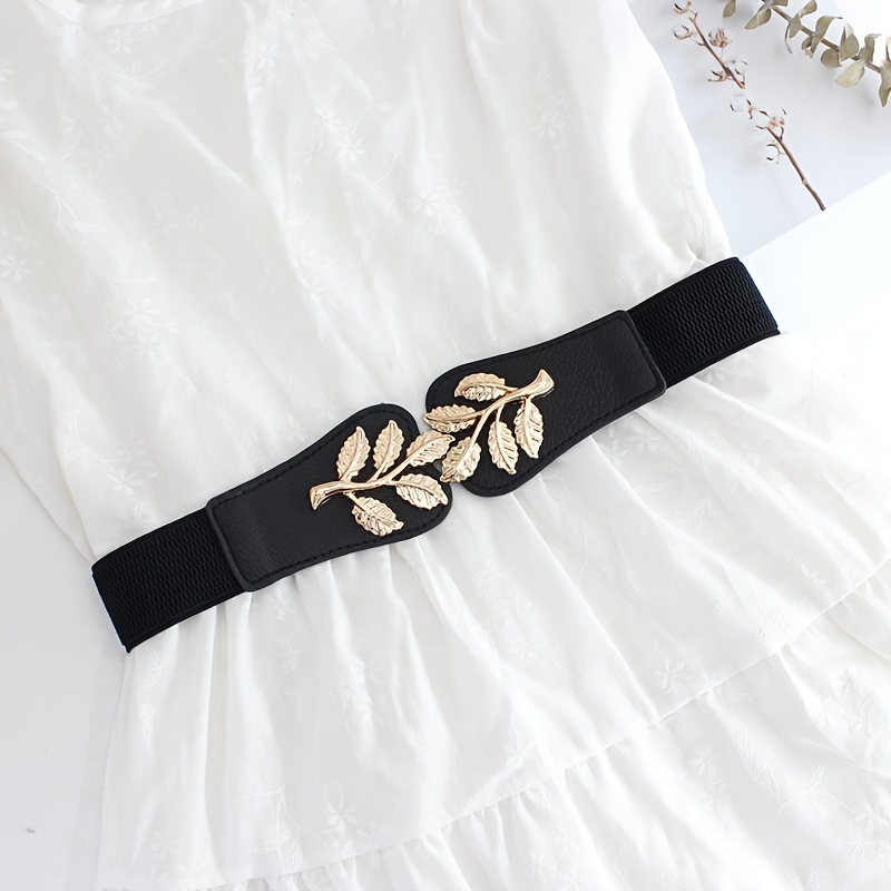 Metal Leaf Decoration Thin Elastic Waist Belt For Women